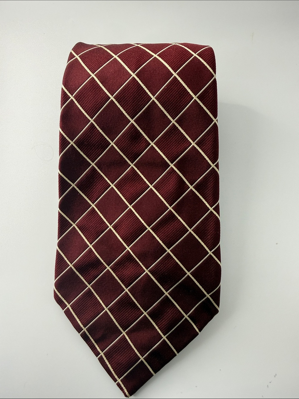 Ralph Lauren Burgundy Tie Cream Windowpane
100% silk handmade in the USA
